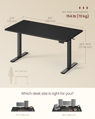Image of VASAGLE Electric Standing Desk, 55.1 x 27.6 Inches Height Adjustable Desk, Sedentary Reminder, 4 Memory Heights, for Home Office, Ink Black ULSD315BZ020S