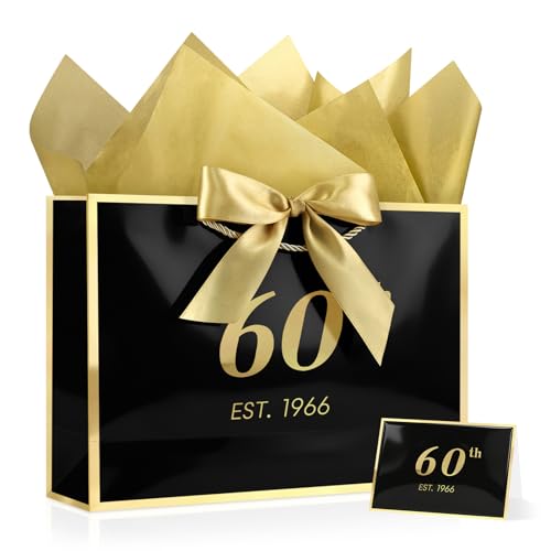 Image of JMANNI 60th Birthday Gift Bag with Card and Tissue Paper for Men Women Him, 14.2 inch Elegant Black Gold Anniversary Keepsake Party Present Shopping Paper Bags for Gifts Wrapping (EST.1966 /Black /Large)