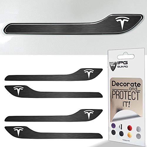 Image of IPG Compatible for Model 3 / Model Y /Juniper Door Handle Decal Sticker Wrap Kit (Set of 4) with Tesla Logo Personalize Your Tesla (Midnight Silver Brushed Aluminum)