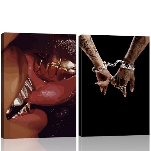 Framed 2pcs Black Couple Canvas Wall Art African American Man and Woman Poster Kiss Holding Hands Picture Print Wedding Gift Bedroom Living Room Studio Bar Ready to Hang 12x16 Inch
