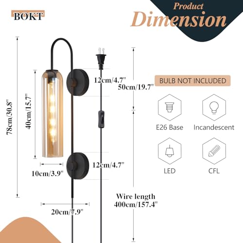 Image of BOKT Modern 1-Light Wall Sconce Lighting Plug in Farmhouse Matte Black Glass Wall Mounted Light Plug in Cord Industrial Indoor Long Wall Sconce Vintage Bedroom Wall Lamp (Amber)