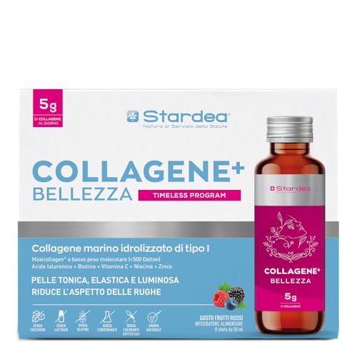 COLLAGENE MARINO e ACIDO IALURONICO 8 Flaconcini da Bere | 5g Collagene Marino idrolizzato e Acido ialuronico + Vitamina C + Biotina + Zinco + Niacina | STARDEA COLLAGENE + BELLEZZA SHOT