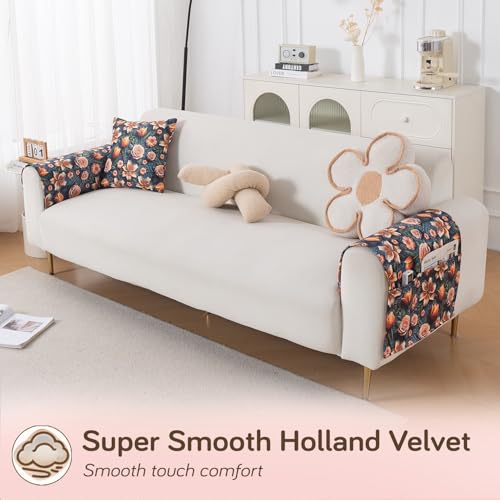 Image of HOKIPO 'Nature Muse' Premium HD Printed Holland Velvet Sofa Armrest Covers with Pockets | 1 Pair | Nocturne Rose (IN-921-L-D2*2)