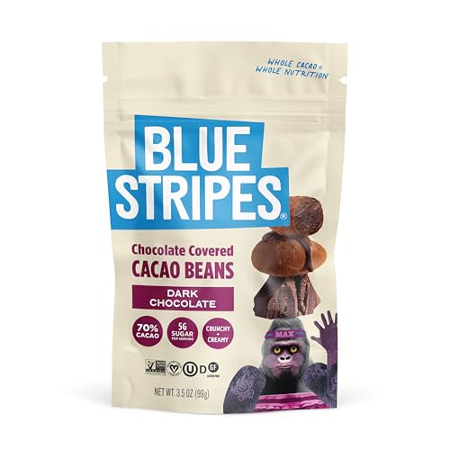 Blue Stripes - Chocolate Covered Cacao Beans, Dark Chocolate, 70% Cacao, No Refined Sugar, Gluten Free, Vegan, Healthy Snacks, Non GMO, 5g of Sugar per Serving, 3.5 OZ