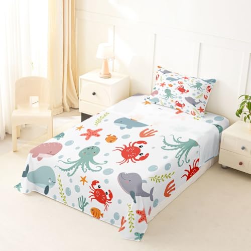 Image of jejeloiu Dolphin Bed Sheets Sets Twin Size Kids Boys Girls Jellyfish Crab Starfish Bedding Set Ocean Bed Sheet Set with 16-Inch Deep Pockets 3Pcs with 1 Pillow Cases