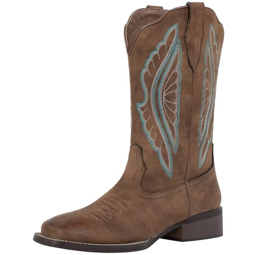 J's.o.l.e Women's Cowgirl Cowboy Boots Square Toe Wide Calf Western Work Boots Embroidered Brown Size 8
