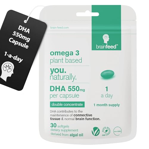 Omega 3 DHA 550mg Per Capsule for Brain & Eye Health (30) | 1-A-Day | Vegan Omega 3 Algae Oil | High DHA Supplements | Double Concentrated Algae Omega 3 Vegan DHA | 1 Month Supply
