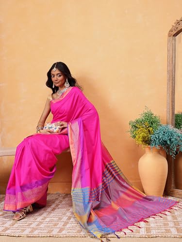 Image of Amazon Brand - Anarva Pattu Art Silk Woven Ready To Wear Saree Pink