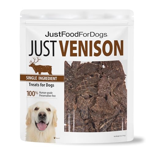 JustFoodForDogs Limited Ingredient Healthy Dog Treats and Dog Snacks Jerky Treats Human Grade Preservative Free Rawhide Free Chews Low Calorie Treat - Venison Bark 5 oz