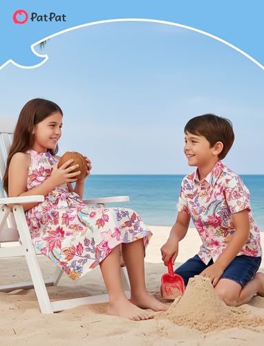 Image of PATPAT Family Hawaiian Matching Outfits - Mommy and Me Vacation Outfits | Halter Sundresses and Button Down Shirts,Caribbean Vacation Summer Tropical Outfits,Hawaiian Boho Tropical Floral Printed