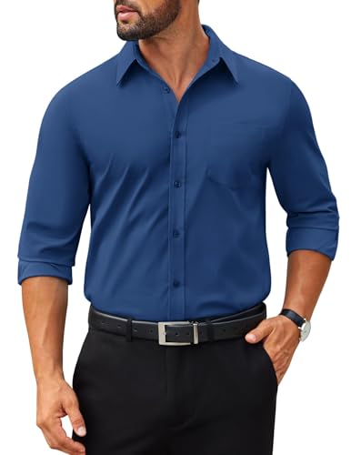 Chemise en popeline de coton bleu marine manches longues COOFANDY chic