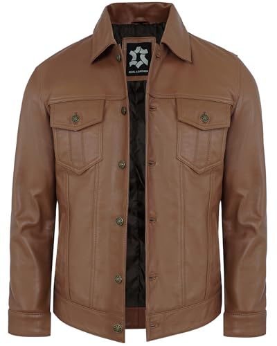 Image of Mens Leather Jackets - Real Lambskin Trucker Style Vintage Leather Jacket Men