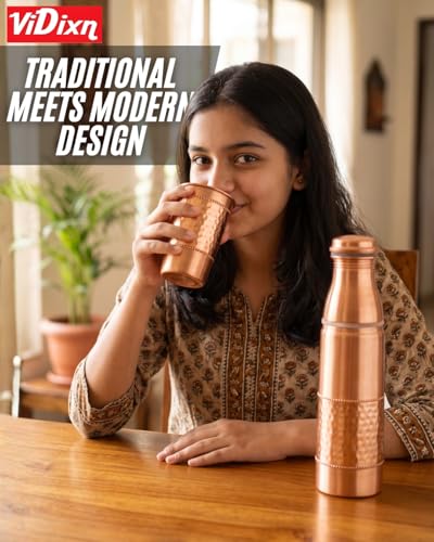 Image of Pure Copper Water Bottle 950ml - Ayurvedic Leak-Proof Copper Bottle for Drinking Water - Handcrafted Mandala Design - BPA-Free & Eco-Friendly - Improves Immunity & Digestion (With Glass)