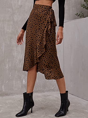 Milumia Women's Asymmetrical Ruffle Hem Wrap Skirt Dalmatian Print Knotted Midi Skirt Brown Large #TOP2
