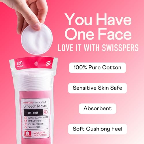 Image of Swisspers Smooth Moves Ultra-Luxe Premium Cotton Rounds - 100 Count (Pack of 1) - Hypoallergenic Makeup Remover Pads for Sensitive Skin, USA Made, Vegan, Lint-Free, Paraben Free