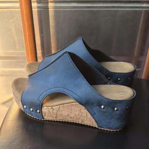 Cork Wedges & Platform Slides for Women,Women's Thick Sole Comfy Leather Wedge Non-slip Summer Sandals4