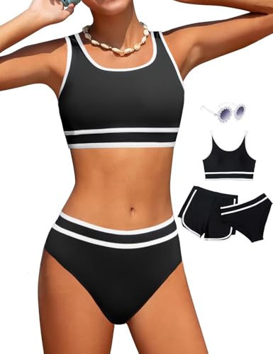 Magwei Mädchen-Badeanzüge, 3-teiliges Badeanzug-Bikini-Set mit sportlichen Shorts und Sonnenbrille, Strand-Bademode für Mädchen, 8–15 Jahre, Schwarz, 10-11 Jahre