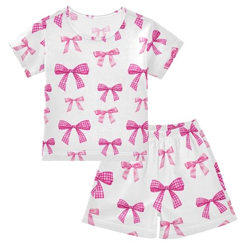 Checkered Ribbon Bow Pajama Set Short Sleeve Summer Pajamas Shorts Sets PJ Clothes Set Soft 5Y