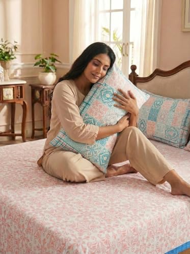 Image of Mafatlal 144 TC Sanskriti Cotton King Bedsheet | 90 x 108 Inches | Traditional Design | Smooth, Long-Lasting & Soft | 2 Pillow Covers | Gossamer Pink