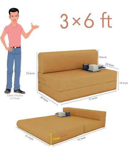 Image of NUVOLE Golden Sofa Cum Bed for One Seater | Imported Velvet Fabric, Washable Cover, Cushion Included | 3' x 6' Feet | Portable & Space-Saving Furniture for Home /Office