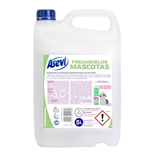 Asevi - Fregasuelos Mascotas Concentrado con Tecnología Patentada contra el Mal Olor | Limpiasuelos Perfumado con PH Neutro para Todo Tipo de Suelos - Formato Profesional 5 Litros