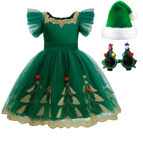 Btonai Christmas Dresses for Girls with Elegant Embroidery Festive Santa Hat and Glasses for Christmas Party Dress Green
