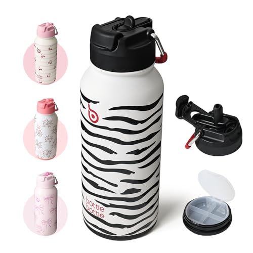 BOTTLE BOTTLE Edelstahl Trinkflasche 1L mit Strohhalm - Auslaufsichere Isolierflasche für Sport & Fitnessstudio mit Pillenfach BPA-frei doppelwandig (Zebra Stripe)