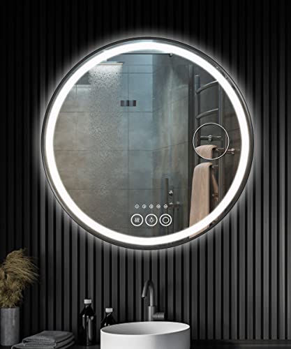 Housruse LED Runde Badspiegel,Badzimmer Spiegel mit Touchschalter und Beschlaghemmungsfunktion,Einstellbare Helligkeit, IP44 Energiesparend,60 cm(Schwarz Trimmen) Cover