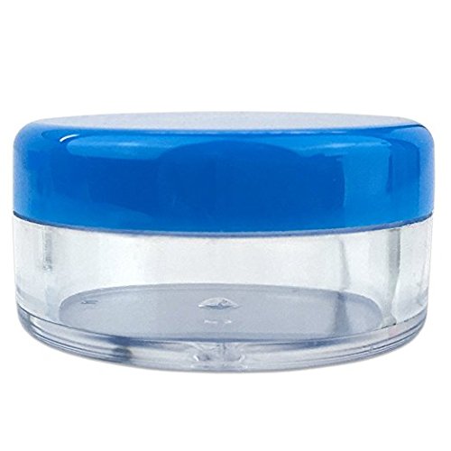 50 Empty 5 Grams Acrylic Clear Round Jars - BPA Free Containers for Cosmetic, Lotion, Cream, Makeup, Bead, Eye shadow, Rhinestone, Samples, Pot, Small Accessories 5g/5ml (BLUE LID)