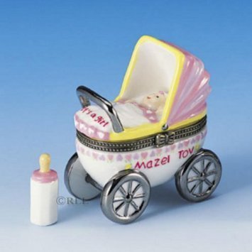 Mazel Tov Baby Hinged Box Carriage with Baby Bottle Treasure (pink)