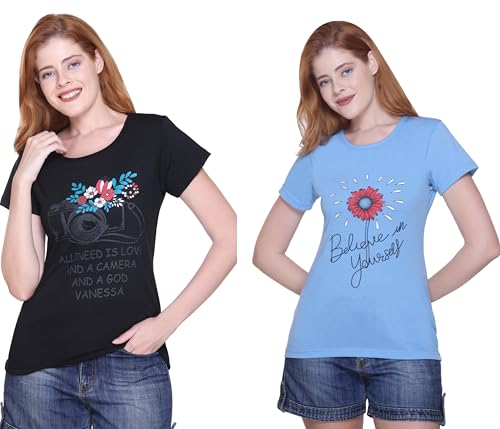 Image of Women's Cotton Half Sleeve Regular Fit T Shirt || Printed Tshirts for Women Pack of 2