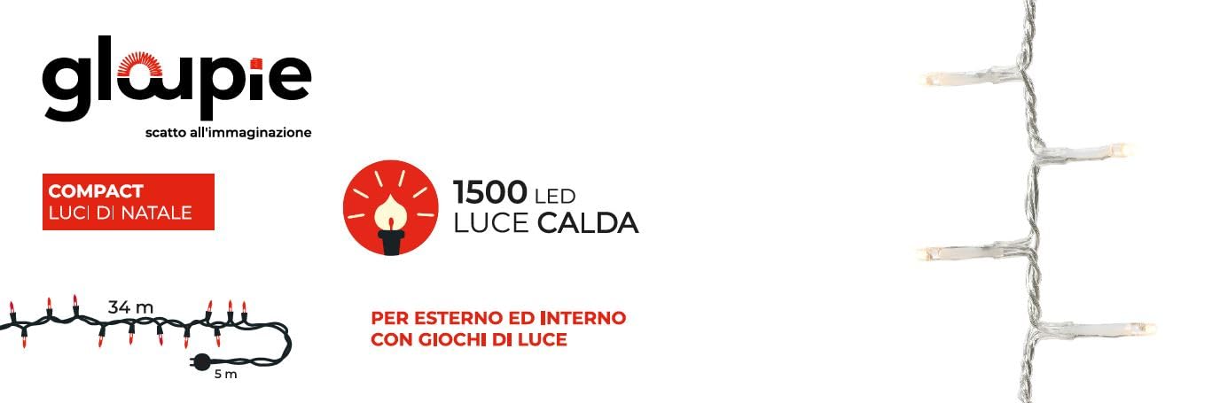Luci di Natale Compact da 39 MT Con 1500 led Bianco Caldo, Trasparente, Distanza Luci 2.2 Cm con Timer e Memoria, 8 Effetti di Luce, Impermeabili IP44