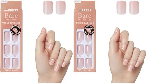 Image of KISS imPRESS No Glue Mani Press-On Nails, Color, 'Instinct', Light Pink, Short Size, Squoval Shape, Includes 30 Nails, Prep Pad, Instructions Sheet, 1 Manicure Stick, 1 Mini File (Pack of 2)