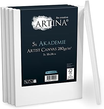 Artina FSC Canvas Set 5pcs Akademie 15x15 cm  100% Cotton Canvas Stretcher Frame 280 g/m² - Blank Canvases for Art for Acrylic, Watercolour & Oil Painting