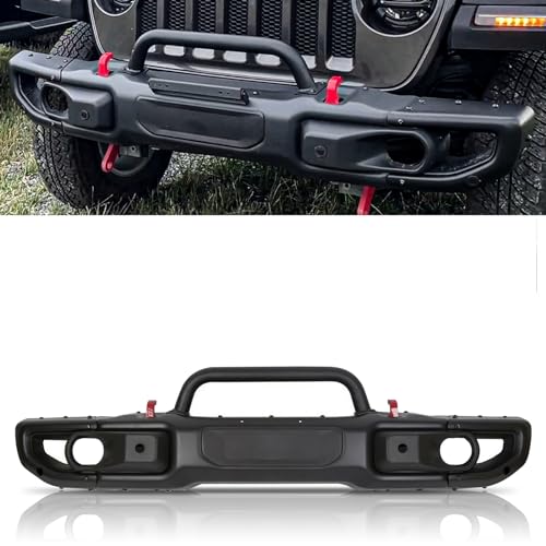 Peforway Front Bumper Fit for 2018-2025 Jeep Wrangler JL / 2020-2025 Jeep Gladiator 10th Anniversary Style Carbon Steel Powder-Coated Black W/Sensor Hole and Hole Cover Winch Plate W/o Lights