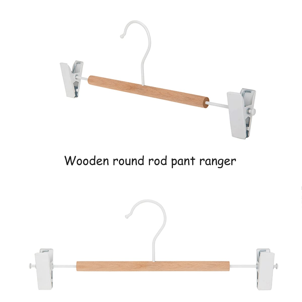 Wooden Round Rod Pant Hanger with 2 Adjustable Anti-Rust Clips Skirt Hanger for Jeans Trousers Towel Bottom Hanger 5 pcs