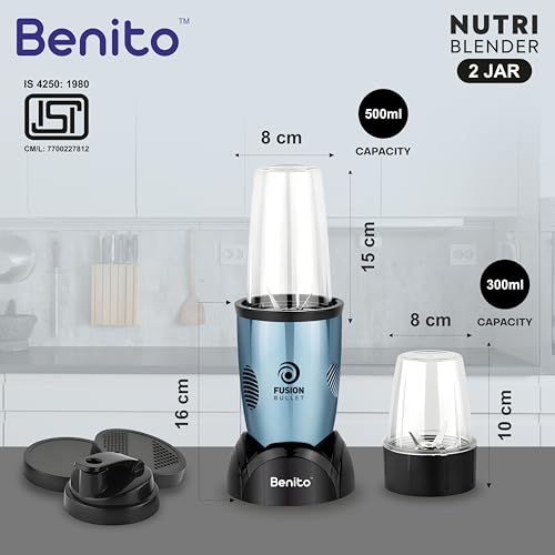 Image of Benito FUSION Bullet 500W Nutri Mix Grinder with 2 Jars | Compact ABS Body with Premium Motor | All-in-One Mixer for Smoothies, Spice, Juices & More | Blue | 1 Years Warranty