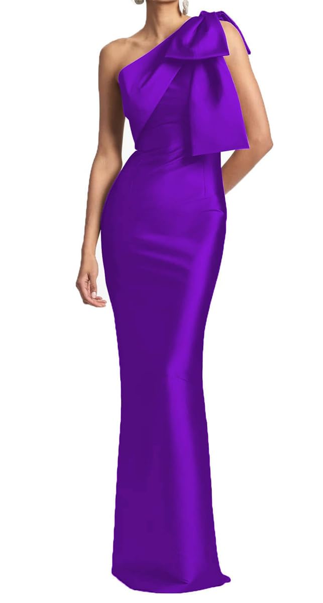 KURFACE Elegant Satin Formal Dresses for Women with Slit One Shoulder Bridesmaid Dress Purple Mother of Groom Gown UK14