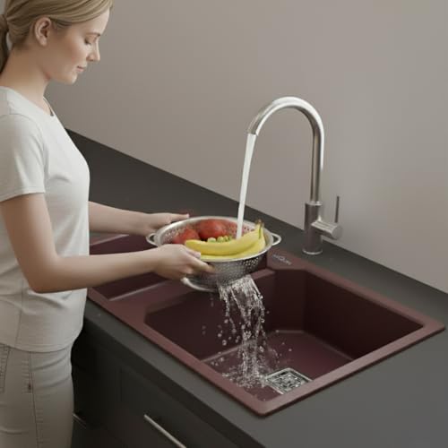 Image of ARQUIN Double Bowl Quartz Kitchen Sink 45x20x9 Inch Brown | Durable & Scratch-Resistant Sink | Undermount,Topmount | Including Coupling,Sink Connector,Waste Pipe & Fruit Washing Basket