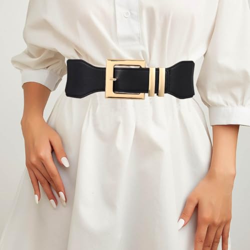 Women Elastic Wide Waist Belt Square Gold Buckle Belts for Dress Stretchy Ladies Belt2