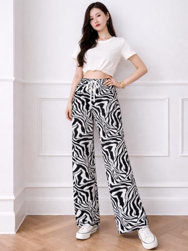Image of Celary Women's Printed Palazzo Pants - Silk Blend High Waist Wide Leg Trousers | Elastic Waist Relaxed Fit Casual Flowy Pants for Travel, College, Office