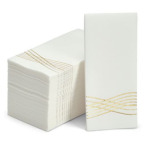 By Madee: Disposable Linen-Feel Dinner Napkins Or Disposable Hand Towels For Bathroom | Foil Stamped Decorative Napkins | Soft, Absorbent Party Napkins | 8.5” X 4” (Gold 50 Pack) #TOP9