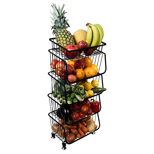 Carrito de almacenamiento de 5 niveles con ruedas organizador de metal para estantes de estante para el hogar, cocina, baño, garaje (cestas de malla negra, carrito de 5 niveles) Cover