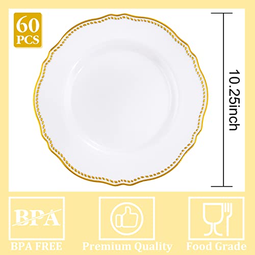 Hioasis 60Pcs Gold Plastic Plates - White And Gold Trim Disposable Plates - 10.25 Inch Gold Disposable Dinner Plates Perfect For Wedding & Party & Thanksgiving #TOP1