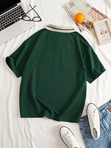 Verdusa Women's Oversized Rugby Shirt Y2K Jersey Shirts Vintage Collared Graphic Tees Preppy Outfits Dark Green Large
