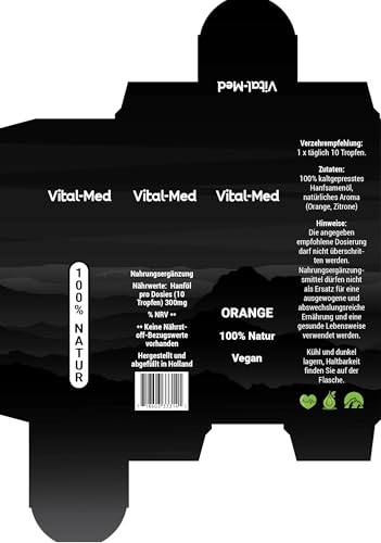 Vital-Med hochdosiertes Hanföl mit 30ML (750 Tropfen) und 25mg pro Tropfen - Premium Vital Hanfsamenöl - 100% Natur - Hanftropfen mit Omega 3-6-9 (Orange)