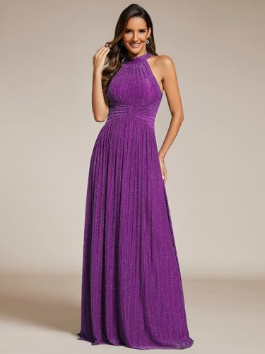 Image of Ever-Pretty Women's Glitter Halter Sleeveless Formal Dresses Evening Gowns Pleated A-line Wedding Guest Dress 41961