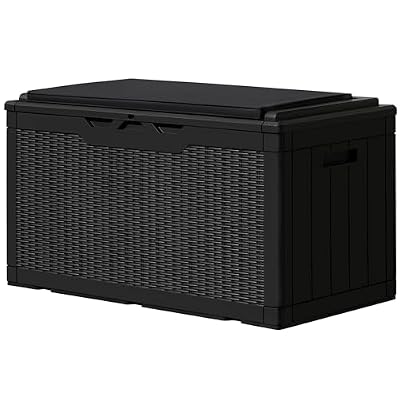 GUNJI 100 Gallon Resin Deck Box with Cushion,Outdoor Weatherproof Large Storage Box,Lockable Storage Container for Patio Furniture,Garden Tools,Pool Supplies (Black)