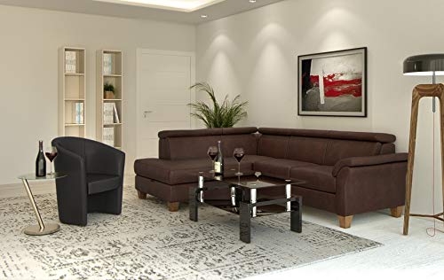 Cavadore Ecksofa Ammerland mit Ottomane links / Federkern-Sofa im Landhausstil mit verstellbaren Kopfstützen / 245 x 84 x 194 / Lederoptik braun
