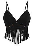 OYOANGLE Women's Y2K Fringe Sleeveless Spaghetti Strap Faux Suede Vintage Hippie Crop Top Blouse Black Large